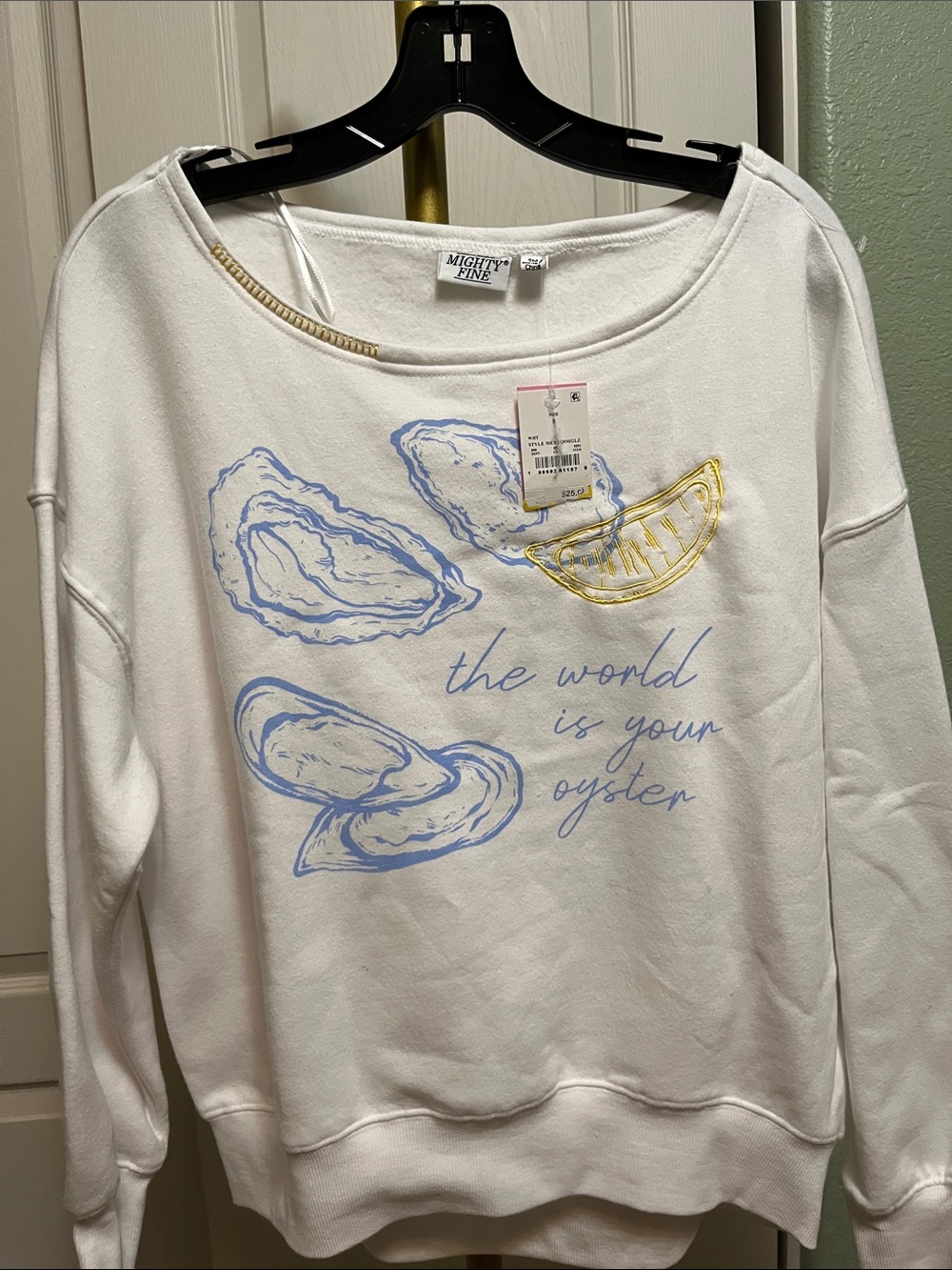 Mighty Fine White Scoop-Neck Sweatshirt with Blue Oyster Graphic NWT Sz Small